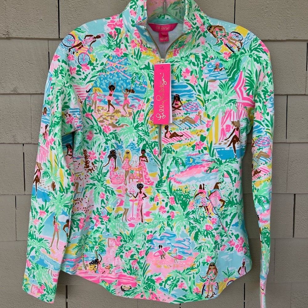 Lilly Pulitzer Aqua Pink Green Tropical Print Quarter-Zip Sweatshirt